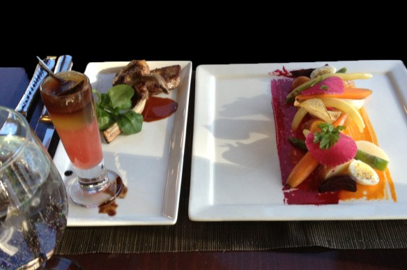 Starters: Two baby lamb chops with watermelon gelatin, boiled organic garden veggies.