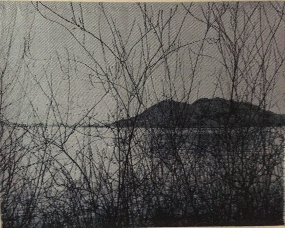 Konocti Calligraphy, cotton and lurex handwoven jacquard tapestry by Sheila O'Hara, 2008. 30 x 40 inches.